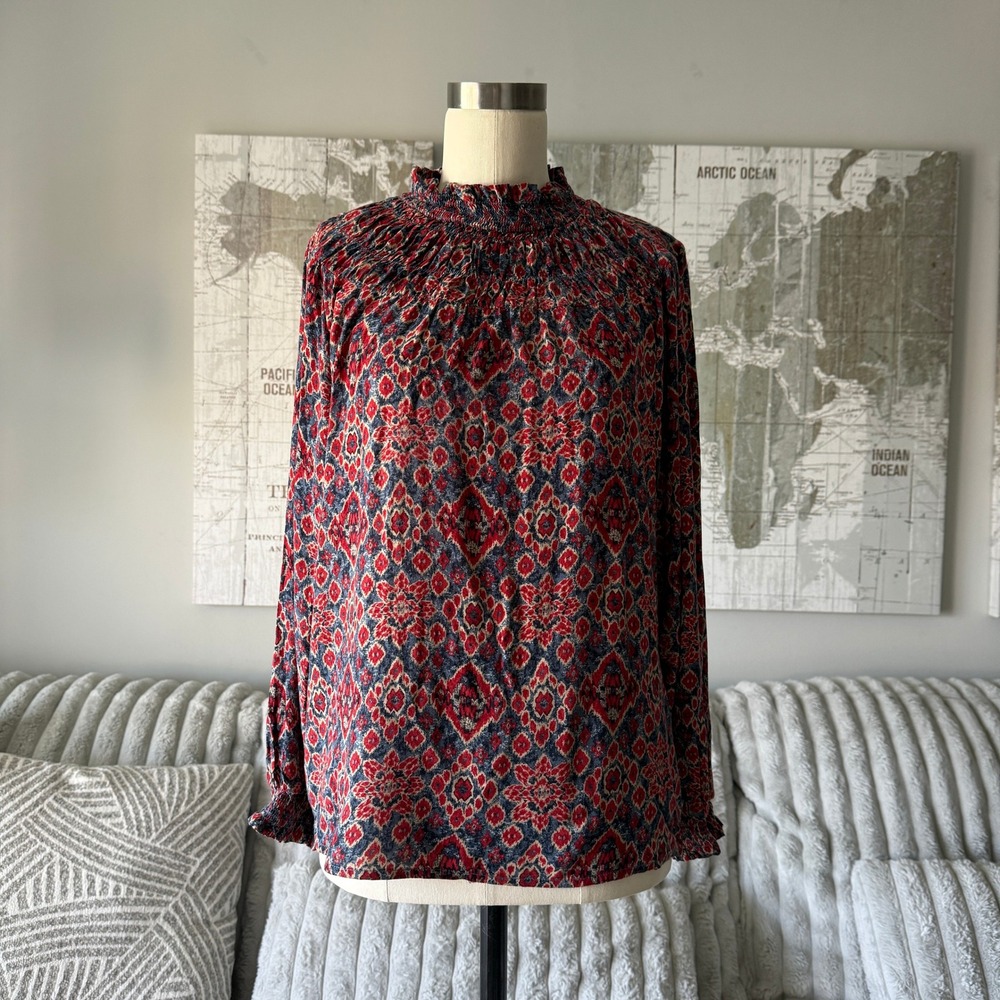 Beachlunchlounge Red Blue Ikat Medallion‎ Smocked High Neck Blouse XS